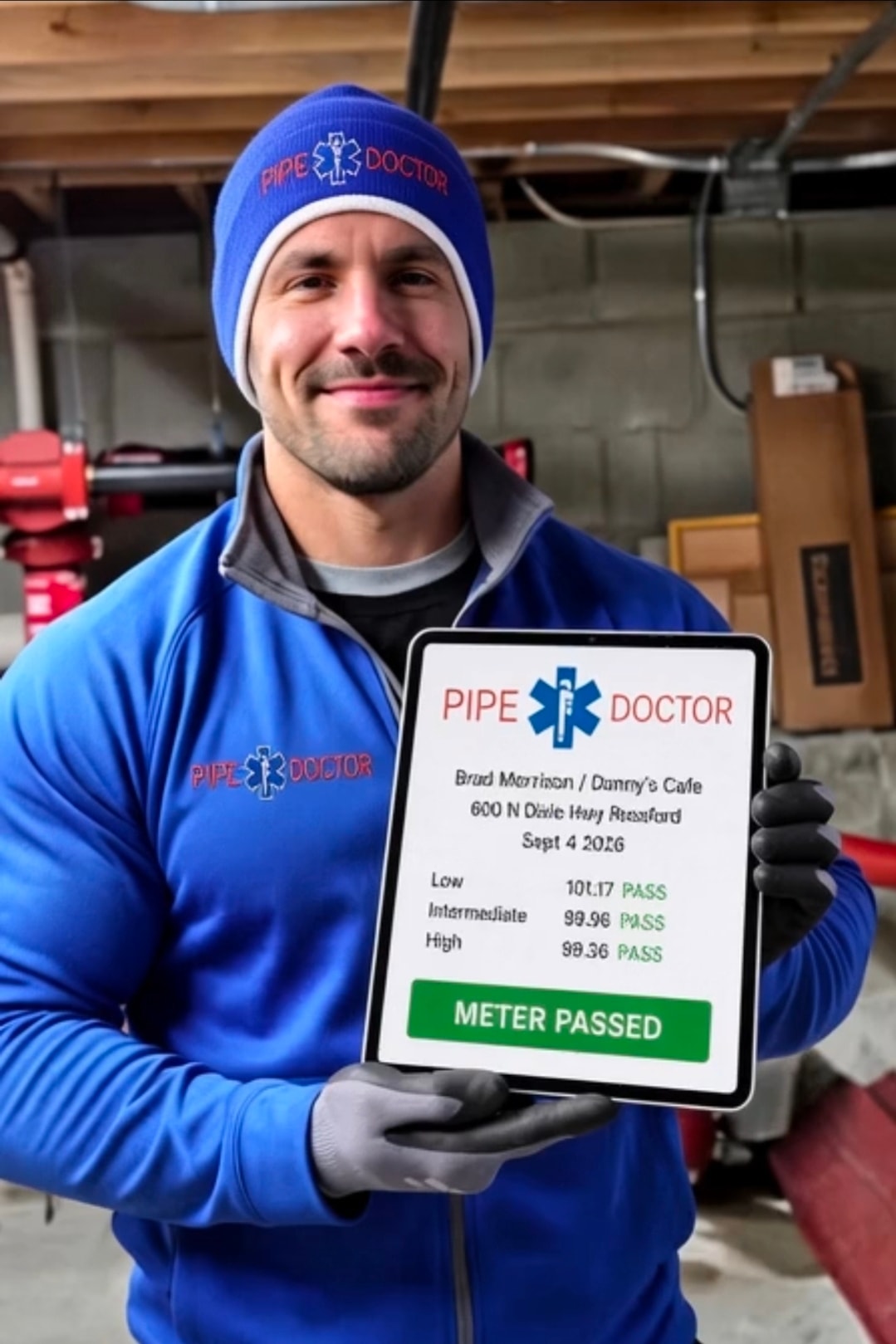 Pipe Doctor technician holding a meter test result certificate showing PASS at all three flow rates