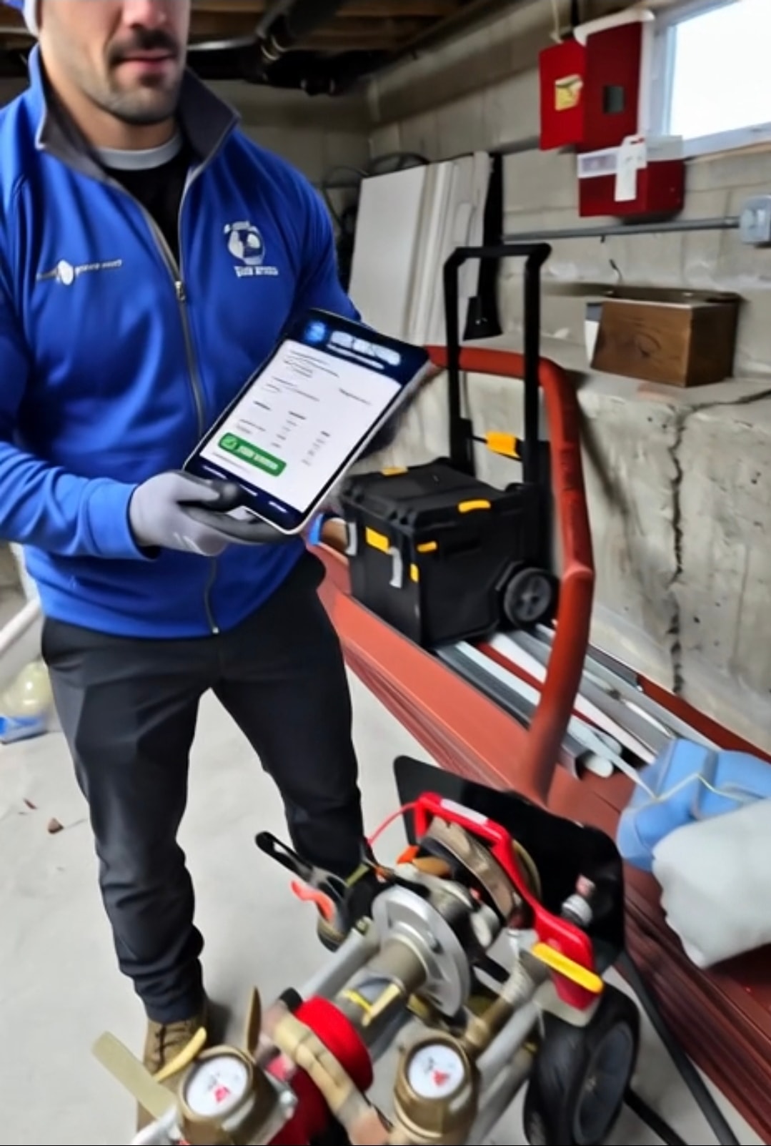 Pipe Doctor technician with portable test bench and tablet showing meter test results